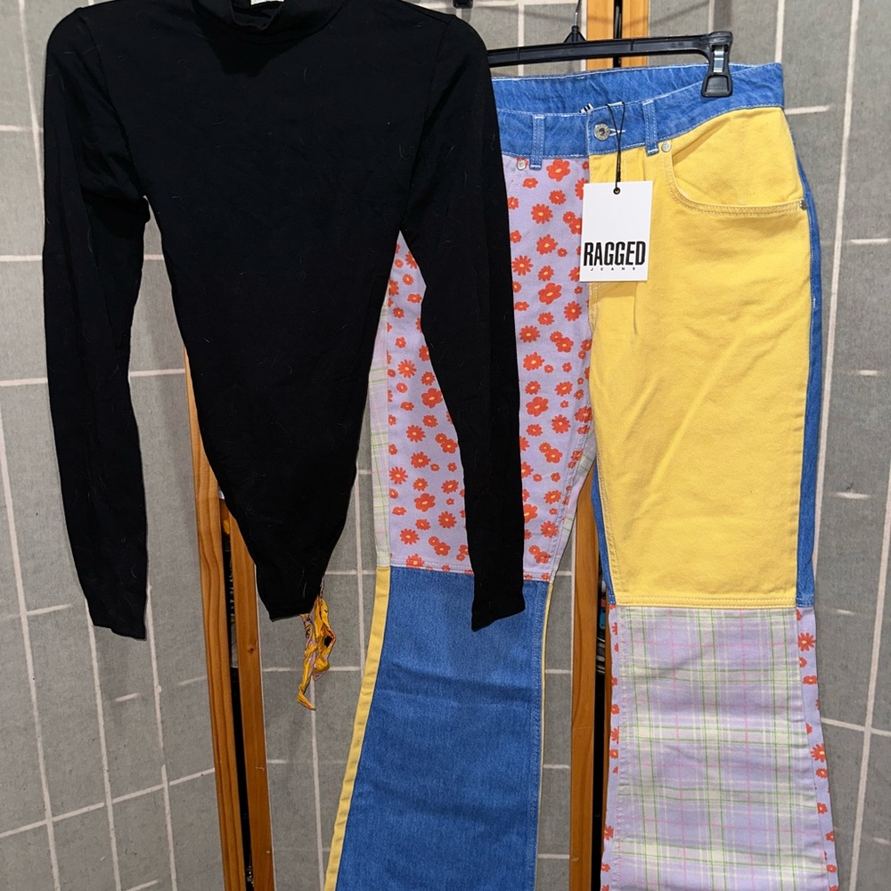 FULL OUTFIT Free People Black Corset Back Bodysuit and Colorful Patchwork Jeans - Picture 2 of 8